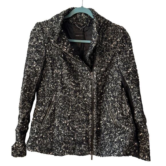 BCBG Max Azria black and white tweed swing jacket with black stretch sleeves - Picture 1 of 6